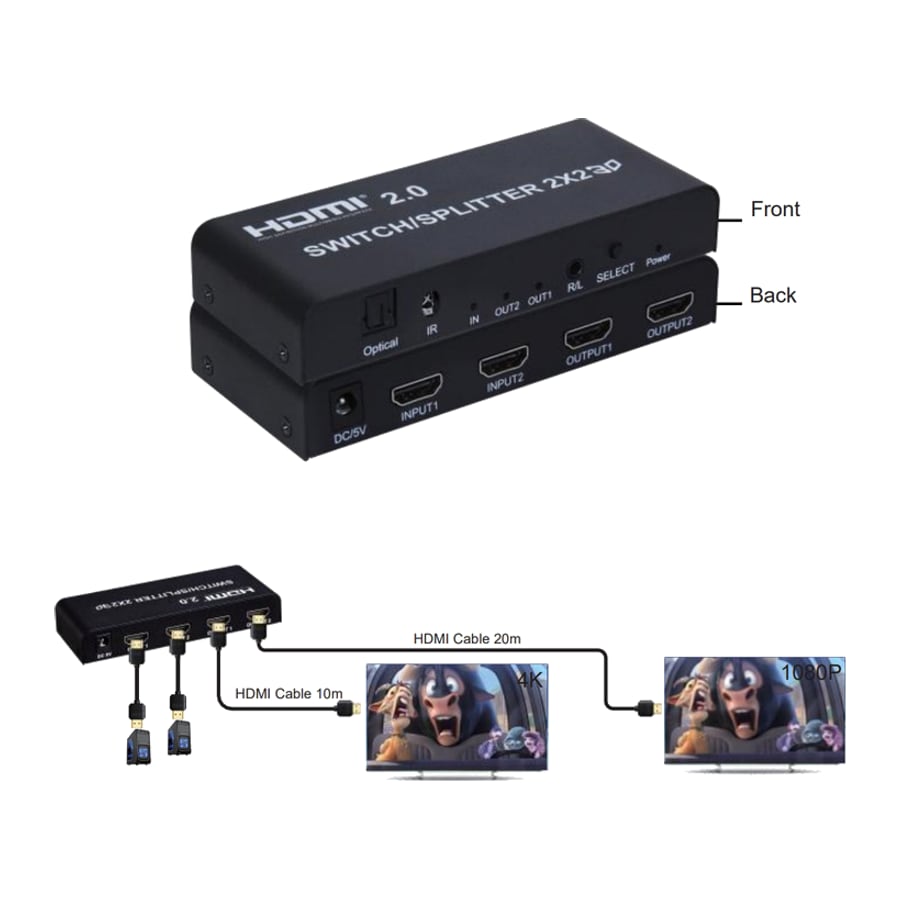 [HDMI SPLITTER] ArgoX HDSS2-2-V2.0 4K 60Hz HDMI 2.0 Splitter Switcher 2x2 Audio Extractor with IR Remote Control, Supports 3D, 6Gbps Data Rate and 600MHz Max Bandwidth, High-Definition RGB/YUV, and Up